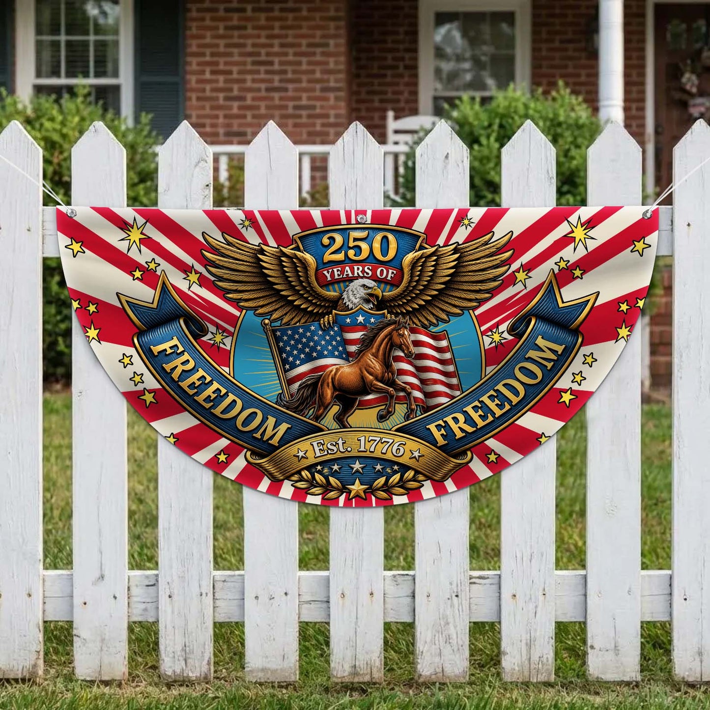 Personalized 250 Years Of Freedom Semicircle Fence Flag, Patriotic USA 1776–2026 Semiquincentennial Flag 684968