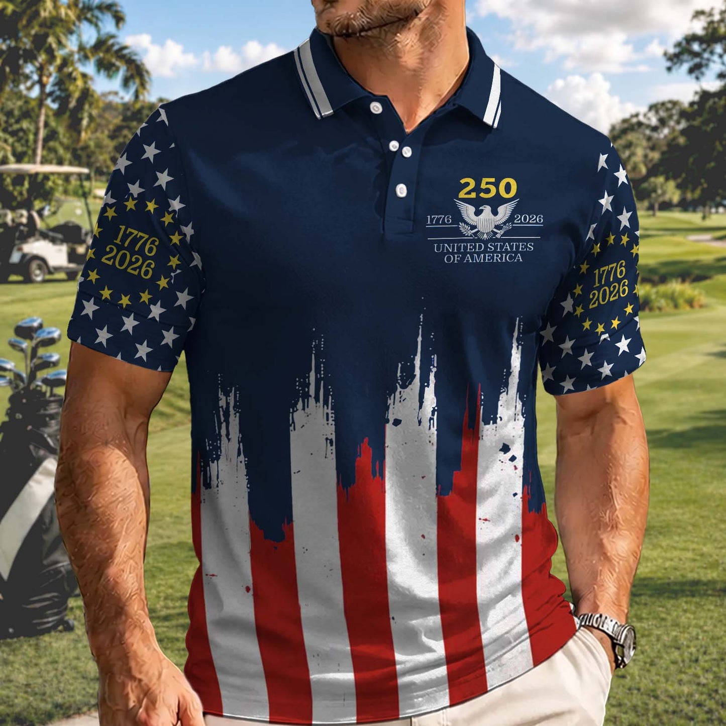 USA 250 Years Anniversary Golf Polo Shirt, Patriotic American Flag 1776-2026 Independence Day AOP Polo 685423
