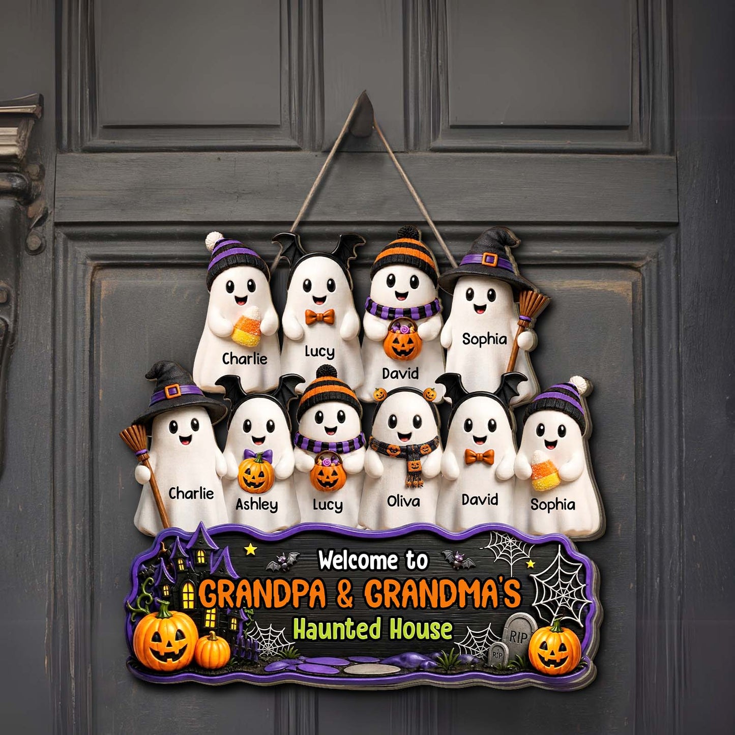 Personalized Halloween Grandma Grandpa Haunted House Wood Sign, Custom Ghost Family Welcome Door Decor 685786 WFD