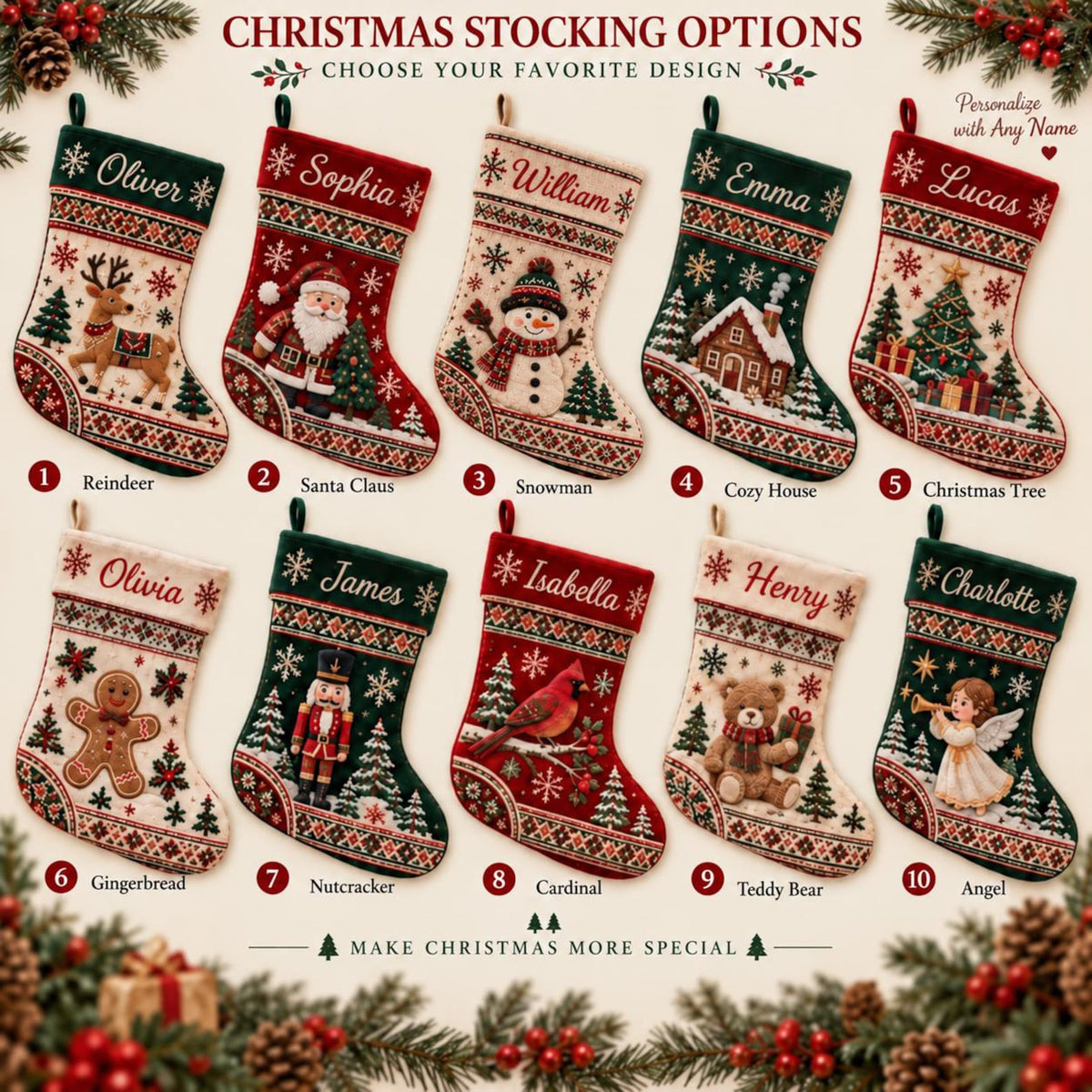 Personalized Santa Snowman & Reindeer Stocking, Custom Name Christmas Keepsake Gift 686721 WFD