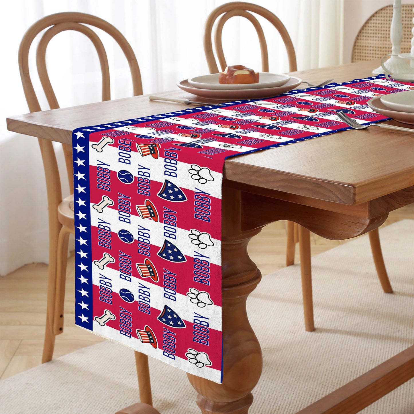 Personalized Dog Name Decor With Paw Print Table Runner | Patriotic 4th Of July Table Runner For Kitchen 682367