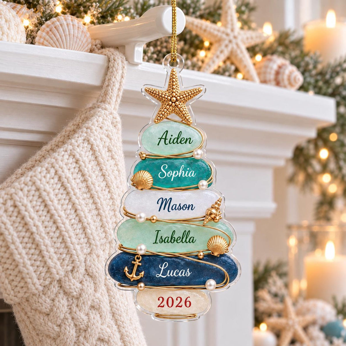 Personalized Sea Glass Tree Acrylic Ornament, Custom Name & Number Christmas Gift For Family 686442 WFD