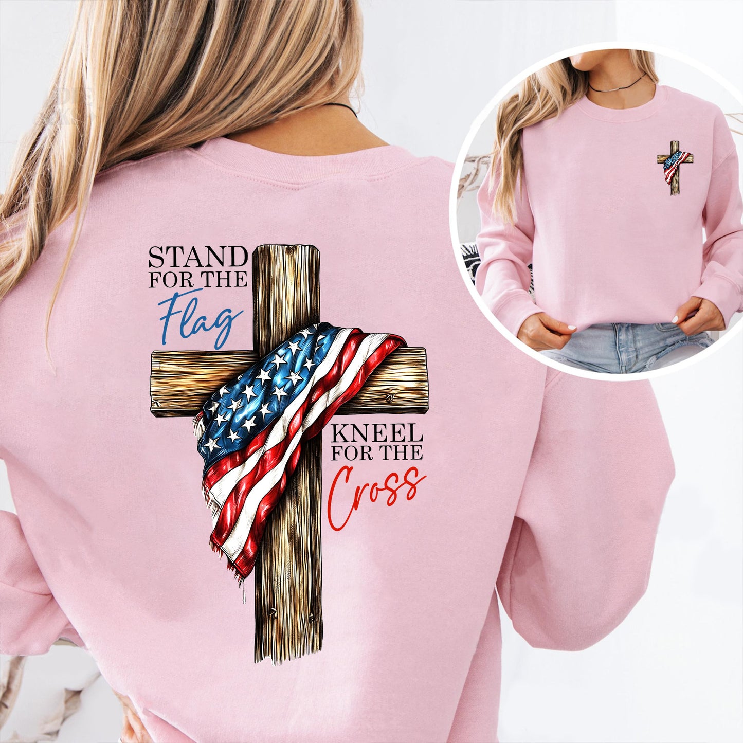 Stand For The Flag Kneel For The Cross Christian Shirt | Patriotic USA Flag Cross Tee | Faith Based 4th of July Pocket & Back Shirt 683191