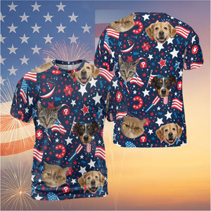 Custom Pet Face Unisex 3D T-Shirt | Personalized Dog Cat Photo Independence Day Shirt | 4th of July All-Over Printed T-Shirt 682302