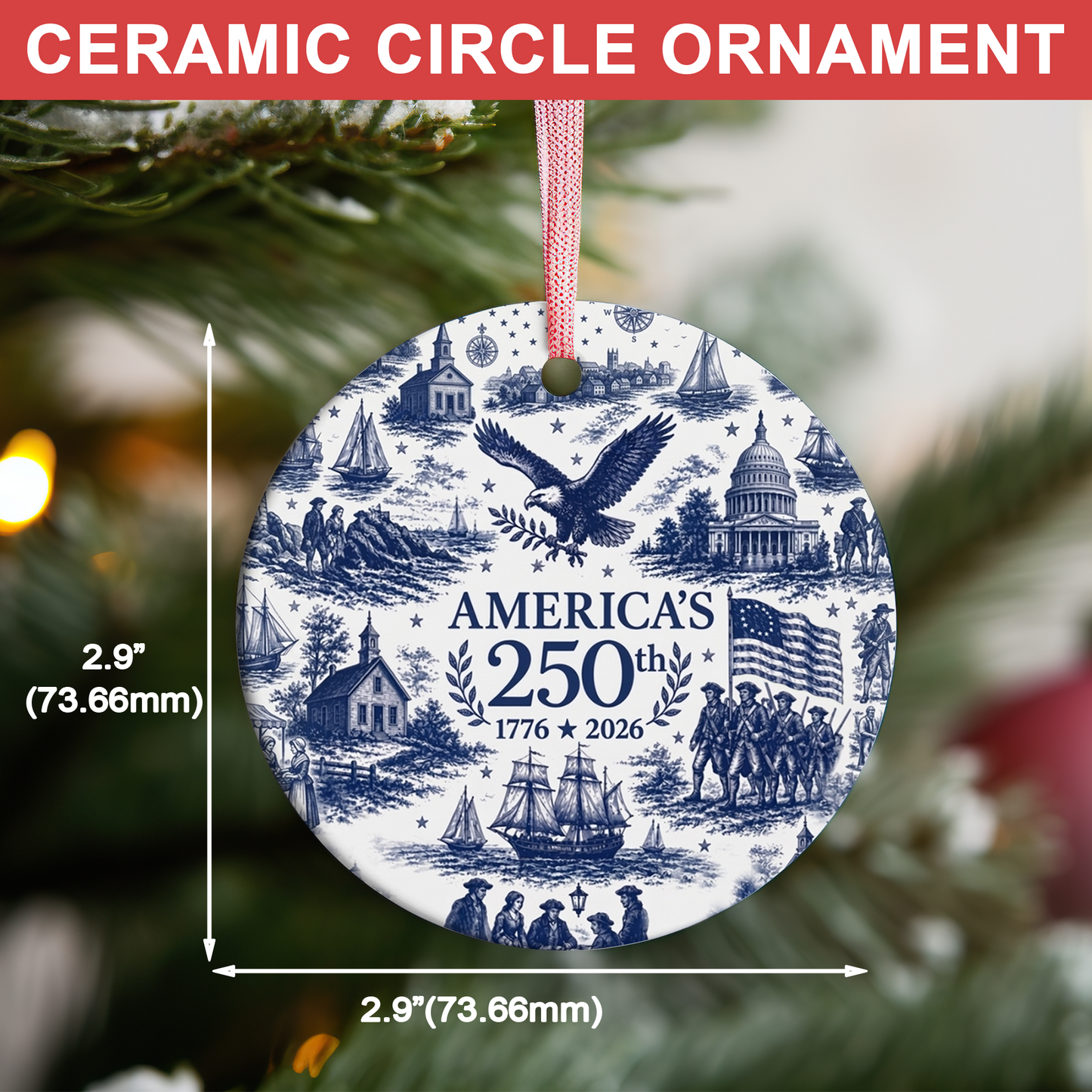America 250th Anniversary Ceramic Ornament | 1776-2026 Blue Toile Christmas Ornament | USA Heritage Gift 685753