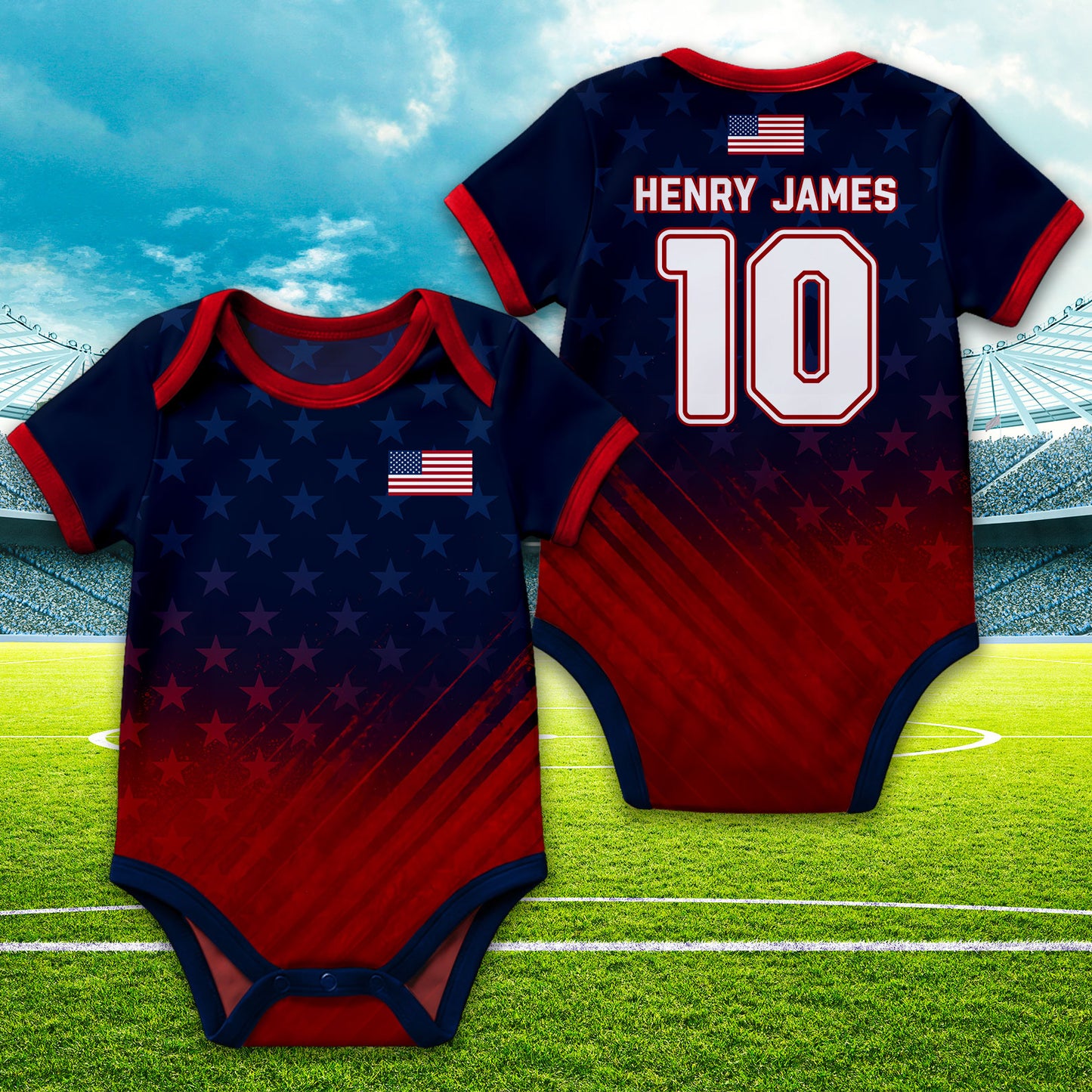 Personalized USA Flag Soccer Baby Suit, Custom Name Soccer Uniform Kit, Gift For Newborn 685388