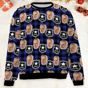 Custom Face Christmas Sweatshirt, Personalized Photo Police Theme Sweater, Christmas All-Over-Printed Sweatshirt 682646