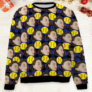 Custom Face Christmas Sweatshirt, Personalized Photo Softball Sweater, Christmas All-Over-Printed Sweatshirt 682643