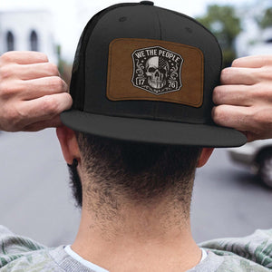 Patriotic 250 Years We the People Trucker Leather Patch Hat, USA Flag Skull America 1776 Cap 683821