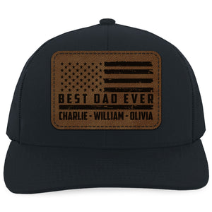 Custom Name Best Dad Ever Trucker Leather Patch Hat, Best Papa Cap with American Flag, Gift for Husband, Grandpa, Him 683843