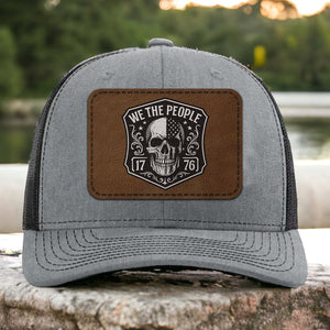 Patriotic 250 Years We the People Trucker Leather Patch Hat, USA Flag Skull America 1776 Cap 683821