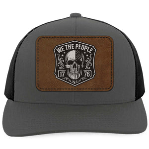 Patriotic 250 Years We the People Trucker Leather Patch Hat, USA Flag Skull America 1776 Cap 683821