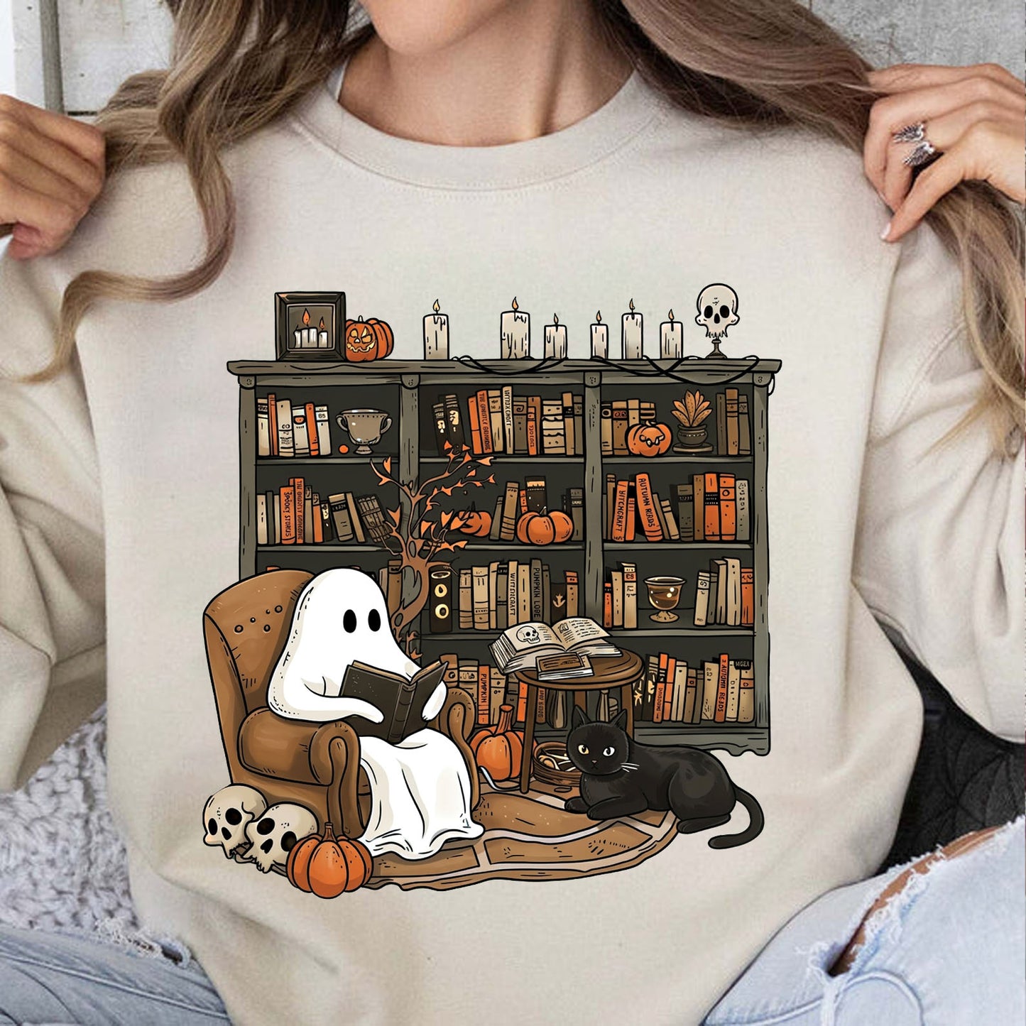 Retro Ghost Reading Bright Sweatshirt, Cute Halloween Librarian Shirt, Book Lover Teacher Gift 685644