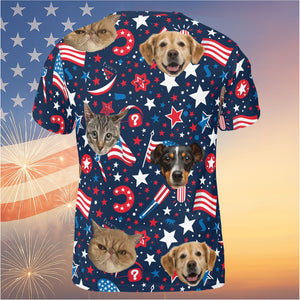 Custom Pet Face Unisex 3D T-Shirt | Personalized Dog Cat Photo Independence Day Shirt | 4th of July All-Over Printed T-Shirt 682302