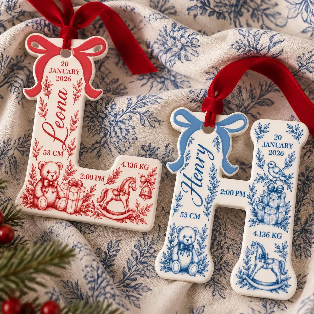 Personalized Baby Birth Announcement Christmas Ceramic Ornament, Custom Letter Monogram Baby Stats Keepsake 686980 WFD