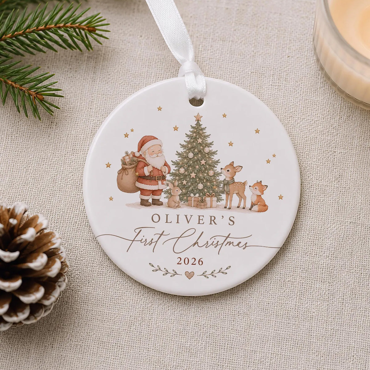 Personalized Baby's First Christmas Ceramic Ornament 2026, Custom Name Santa & Woodland Friends Tree Decoration 686903 WFD