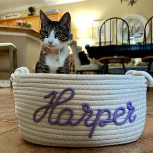 Personalized Cat Toy Basket, Custom Name Basket, Rope Cotton Basket Gift, Pet Toy Basket, Custom Toy Storage For Pet BX25