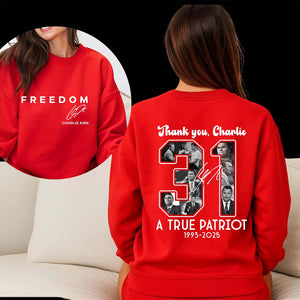 Red Charlie Kirk FREEDOM Shirt | Thank You Charlie 31 True Patriot 1993-2025 Red Shirt | We Wear Red Charlie Kirk Birthday October 14 | Red Front & Back Shirt 683076