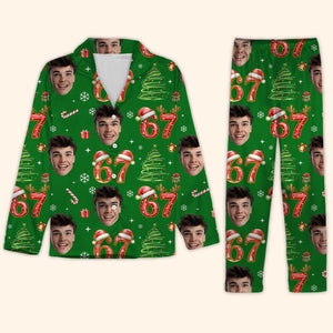 Custom Photo Face Christmas Pajamas with Number 6 7 | Personalized Funny Six Seven Meme Pajamas 683685