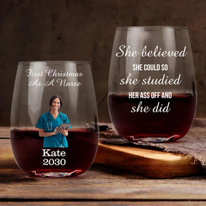 Personalized First Christmas as a Nurse Wine Glass | Custom Name and Year Wine Glass | Custom Job Title Wine Glass | Gift For Mom | Gift For Wife 682680