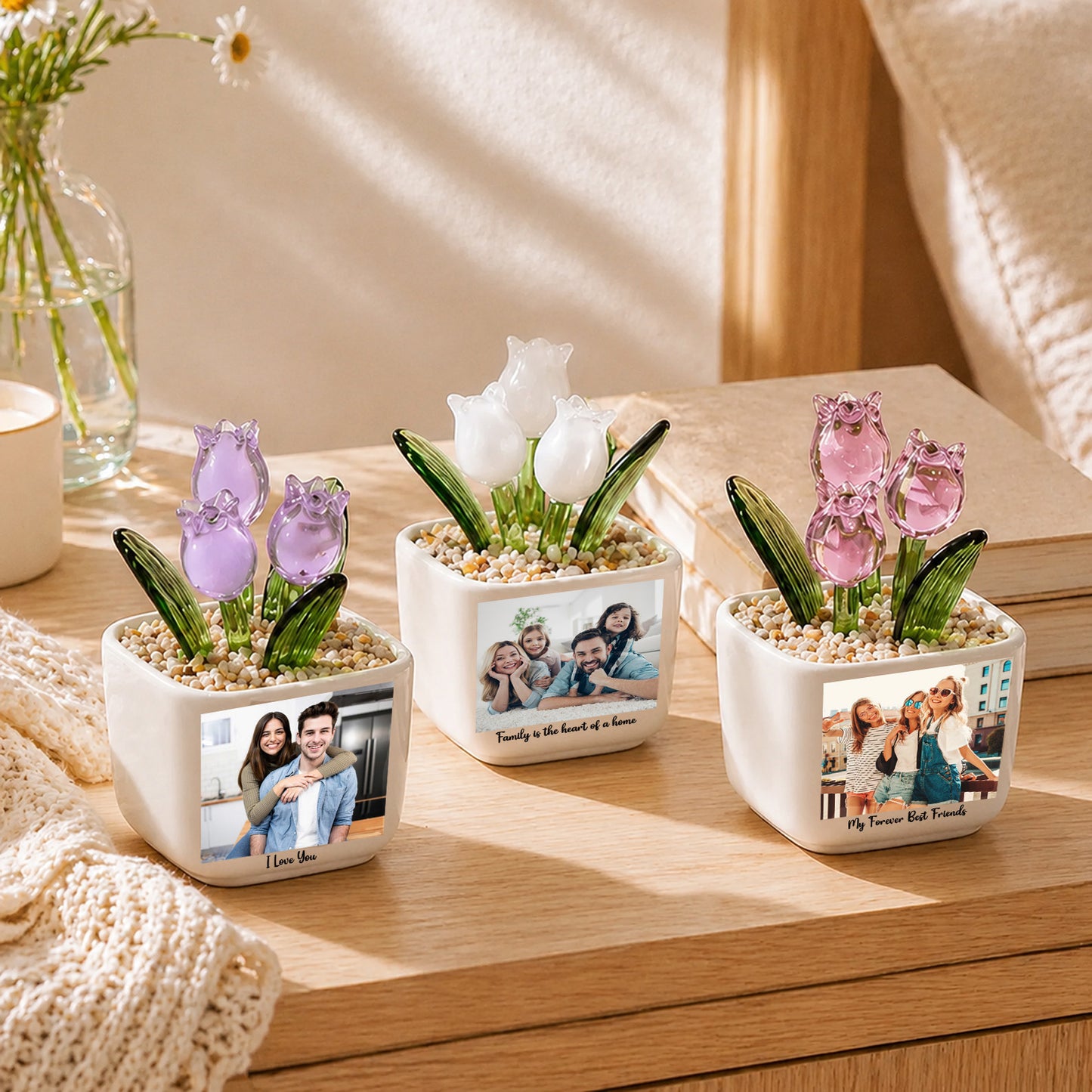 Personalized Photo Tulip Glass Flower Pot, Custom Family Photo Keepsake, Hand Blown Glass Flower Gift 685558