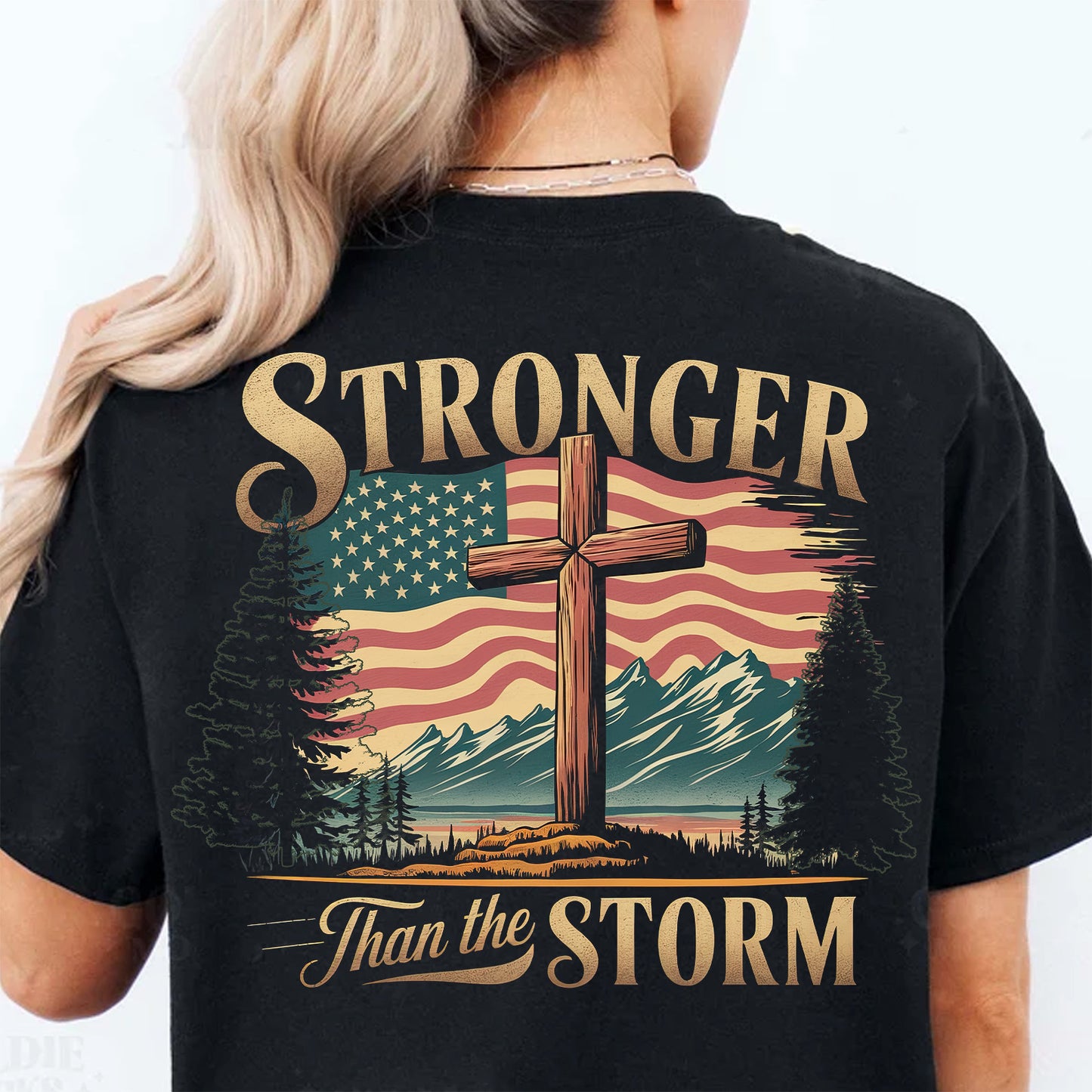 Stronger Than The Storm Christian Shirt | Cross Faith Tee | Patriotic American Flag Backside Shirt 683179