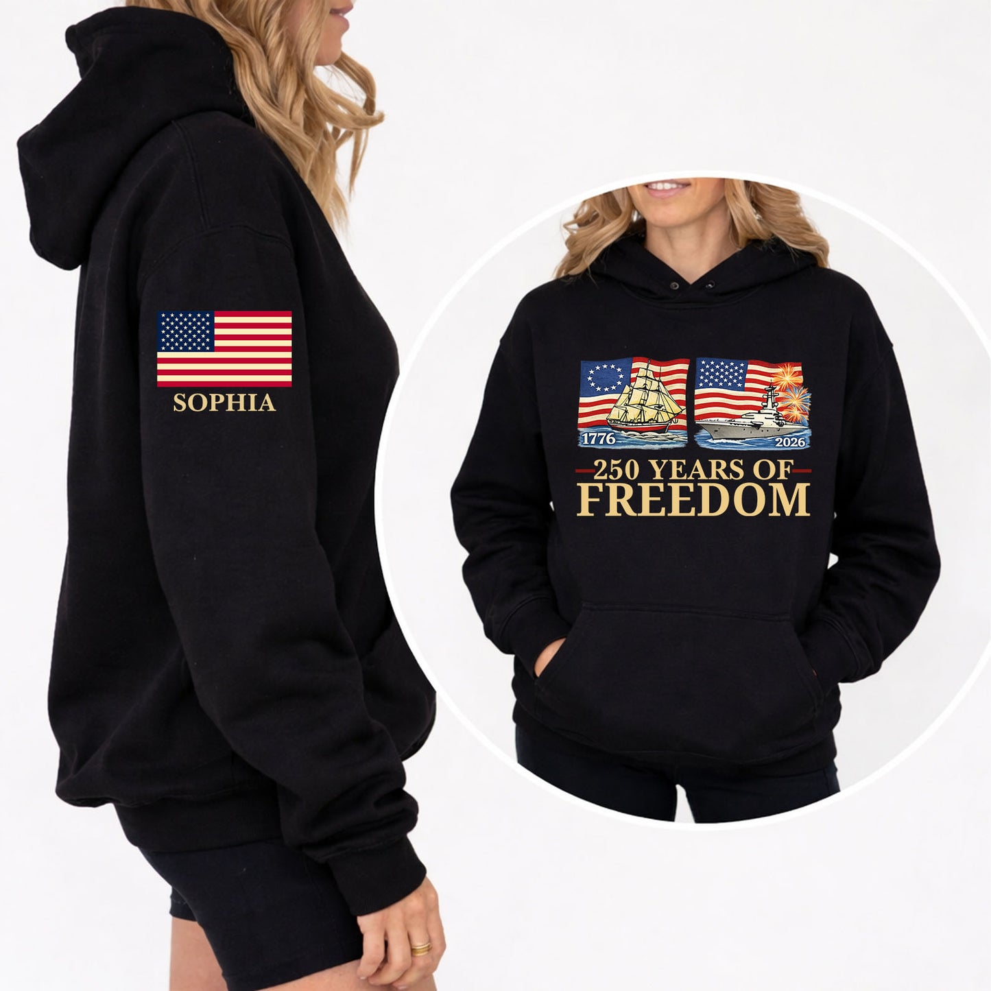 250 Years of Freedom Shirt | Custom Name Patriotic 1776–2026 Front & Right Sleeve Shirt 684618
