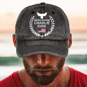 Charlie Kirk Forever in Our Hearts Printed Vintage Washed Denim Baseball Cap | Justice for Charlie Kirk Hat 682827