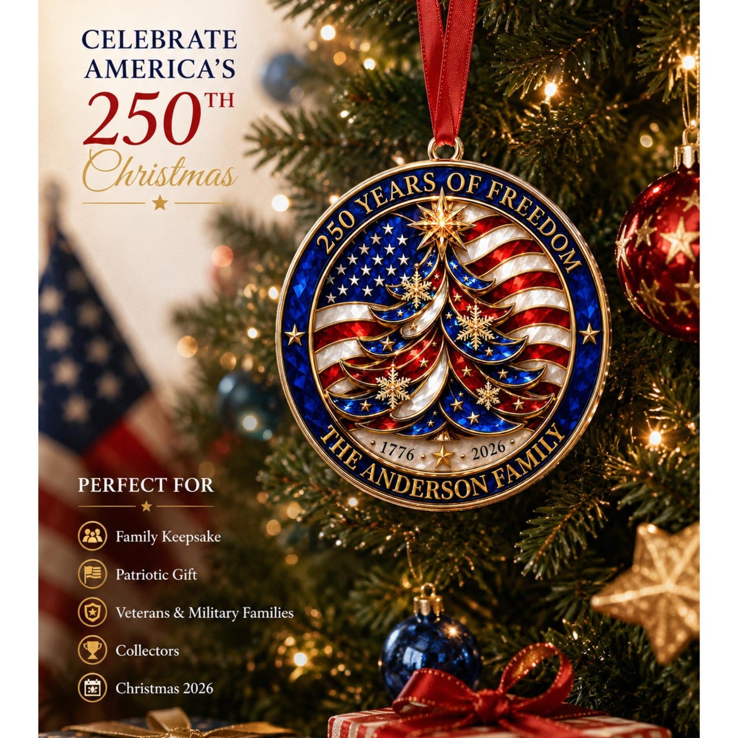 Personalized USA 250 Years Of Freedom Acrylic Ornament, Custom Family Name Ornament, Patriotic Christmas Decor 685891 WFD