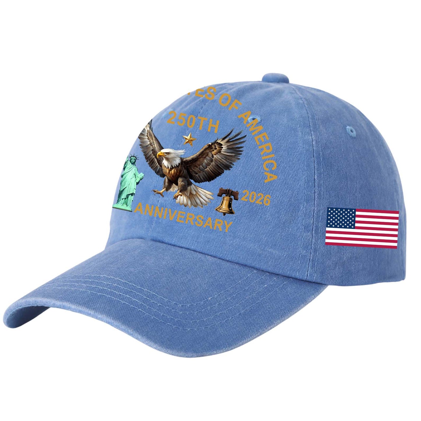 USA 250 Years Anniversary Printed Vintage Washed Denim Baseball Cap | Patriotic US Flag 1776–2026 Hat 684240