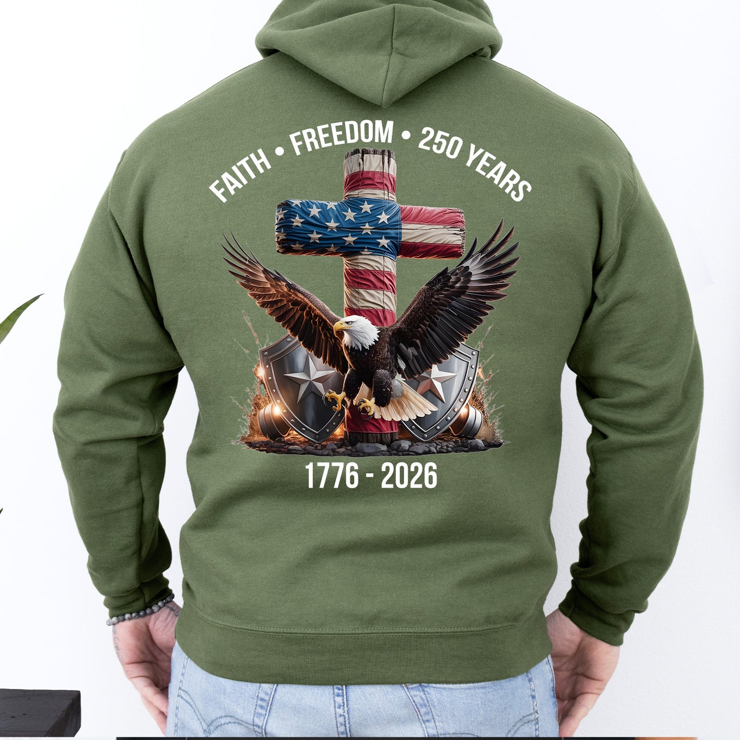 250 Years of Freedom Shirt, 1776-2026 Eagle Patriotic T-Shirt, Patriotic Christian Eagle Cross Backside Shirt 684061