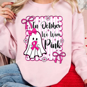 October We Wear Pink Breast Cancer Awareness Shirt | Cute Ghost Pink Ribbon T-Shirt | Halloween Pink Out Tee 683314-3