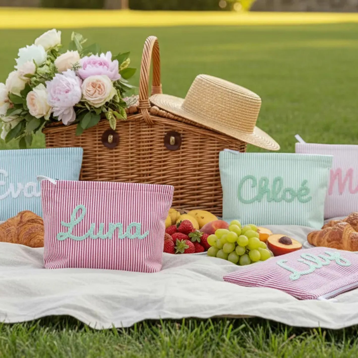 Personalized Seersucker Makeup Bag, Custom Chenille Name Cosmetic Pouch, Travel Toiletry Bag Gift for Her 685534 WFD