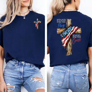Stand For The Flag Kneel For The Cross Shirt | Patriotic Christian Tee | USA Flag Cross 4th of July Pocket & Back Shirt 683191