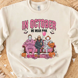 In October We Wear Pink Shirt, Breast Cancer Awareness Tee, Horror Characters Halloween T-Shirt 683310