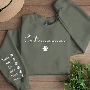 Personalized Cat Mama Sweatshirt with Cat Name, Custom Cat Mom Sweater, Front & Right Sleeve Print 683982