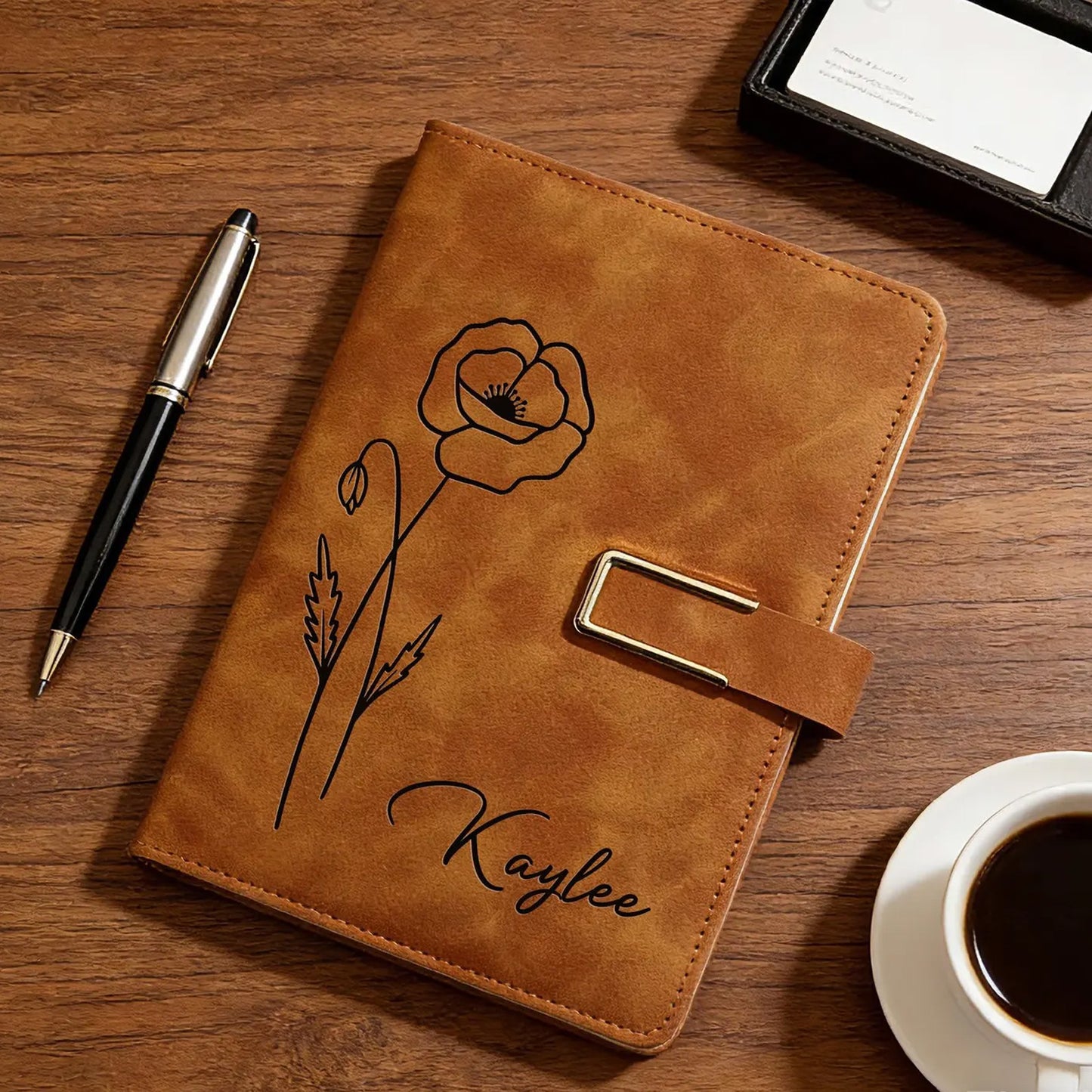 Personalized Engraved Birth Flower Leather Journal, Custom Name Notebook Set, Graduation Gifts for Her 684743