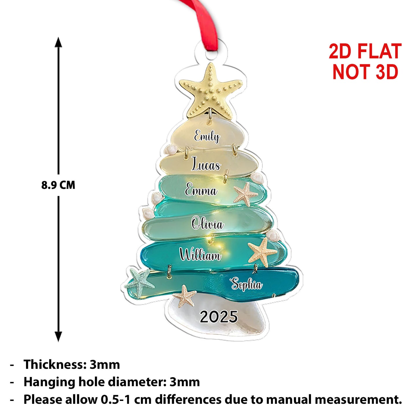 Personalized Family Sea Glass Effect 2D FLAT Acrylic Ornament | Custom Name Ocean Style Family Christmas Ornament 683472