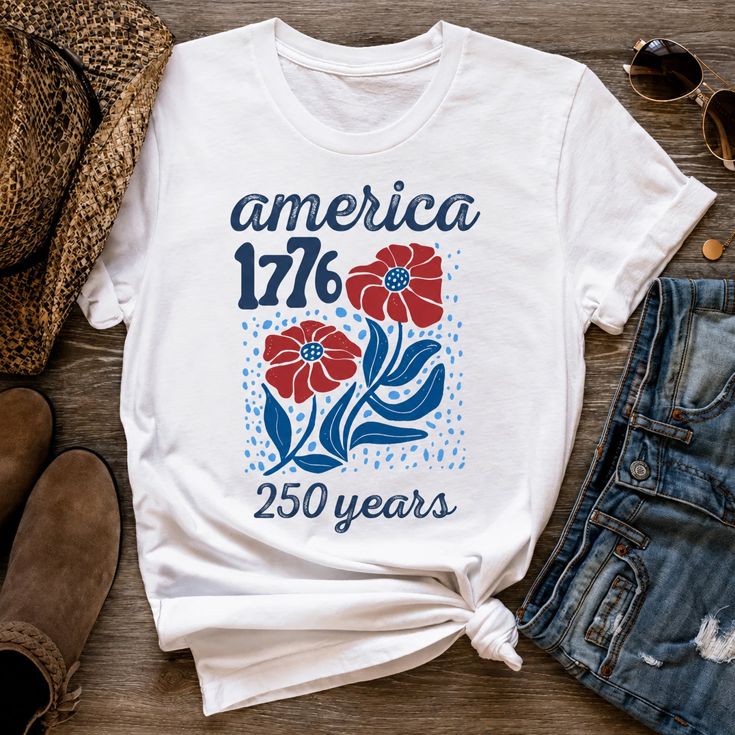 America 1776 250 Years Shirt, Patriotic Floral Independence Day Tee, USA Freedom 4th of July Shirt 685237 WFD