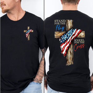 Stand For The Flag Kneel For The Cross Shirt | Patriotic Christian Tee | USA Flag Cross 4th of July Pocket & Back Shirt 683191