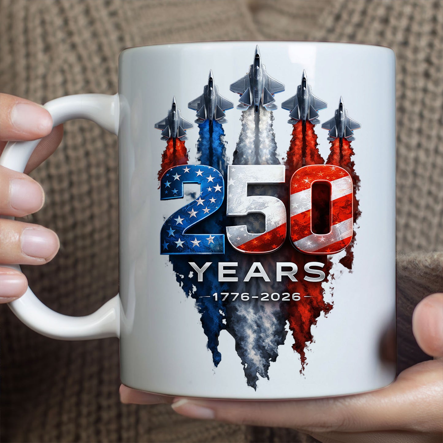 250 Years Anniversary Mug, Patriotic Jet Fighter Coffee Mug, 1776–2026 4th of July White Mug Accent Mug 684983