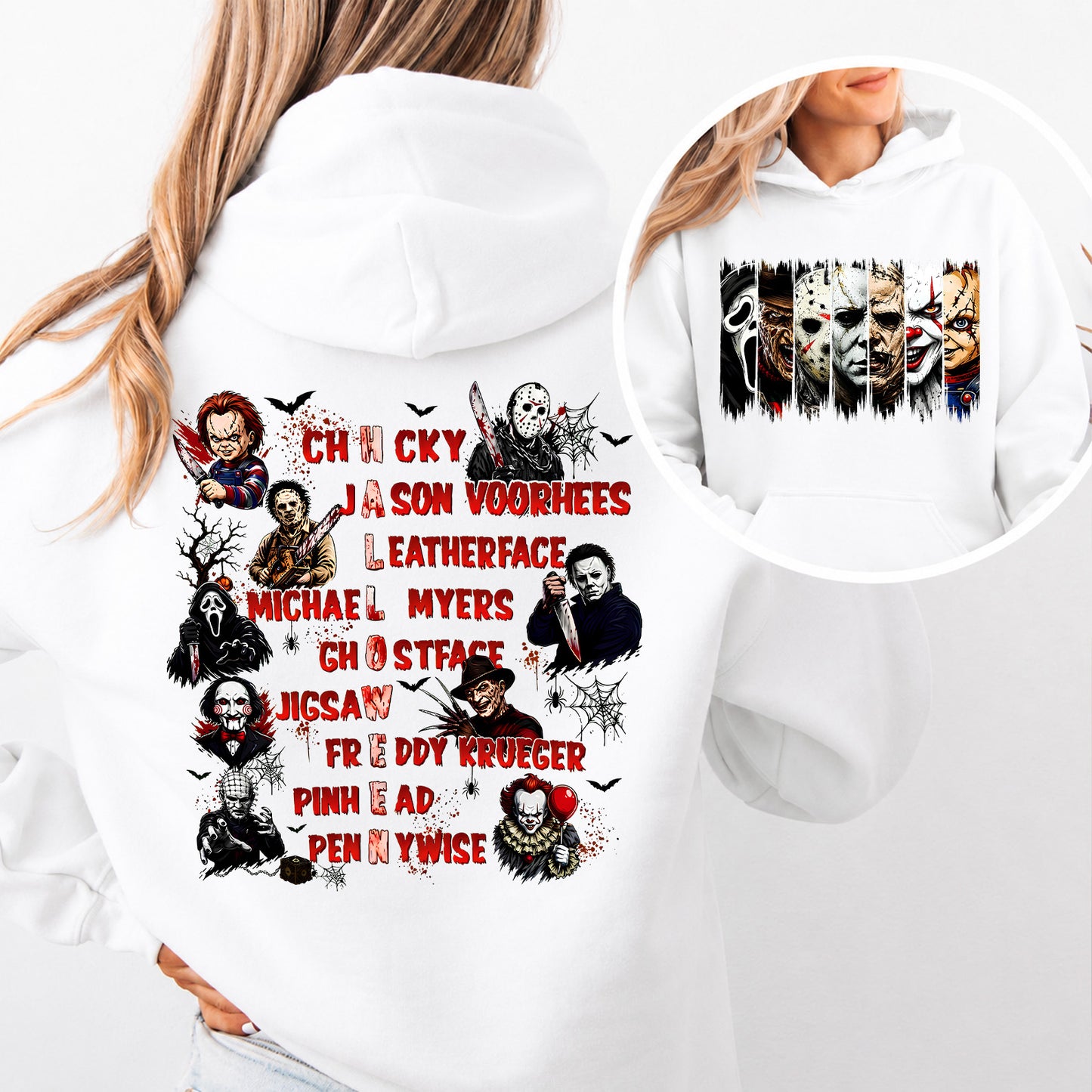 Horror Characters Front & Back Shirt, Classic Slasher Movie Halloween T-Shirt, Spooky Horror Fan Tee 686006