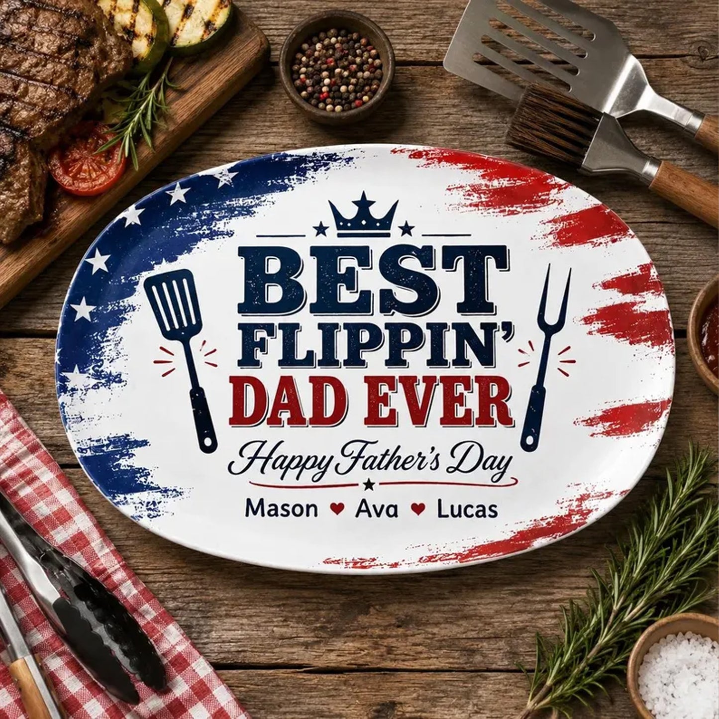 Personalized Best Flippin Dad Ever Grilling Plate, Custom Patriotic BBQ Platter Gift for Dad, Father's Day Gift 685147