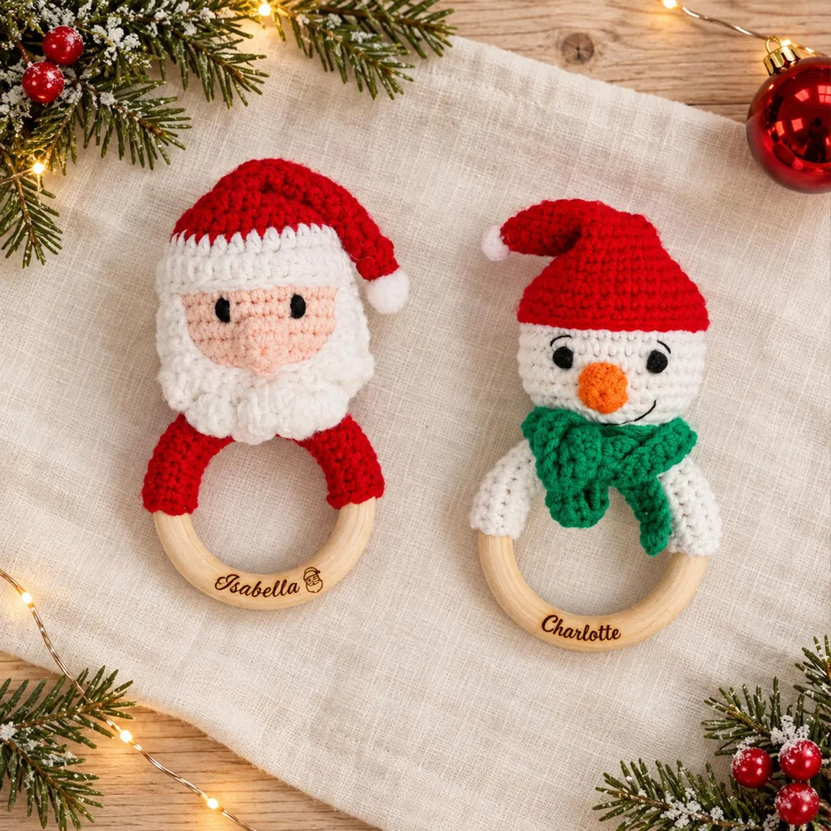 Personalized Christmas Crochet Baby Rattle, Custom Name Wooden Ring Toy, Santa Reindeer Snowman Baby Gift 686572 WFD