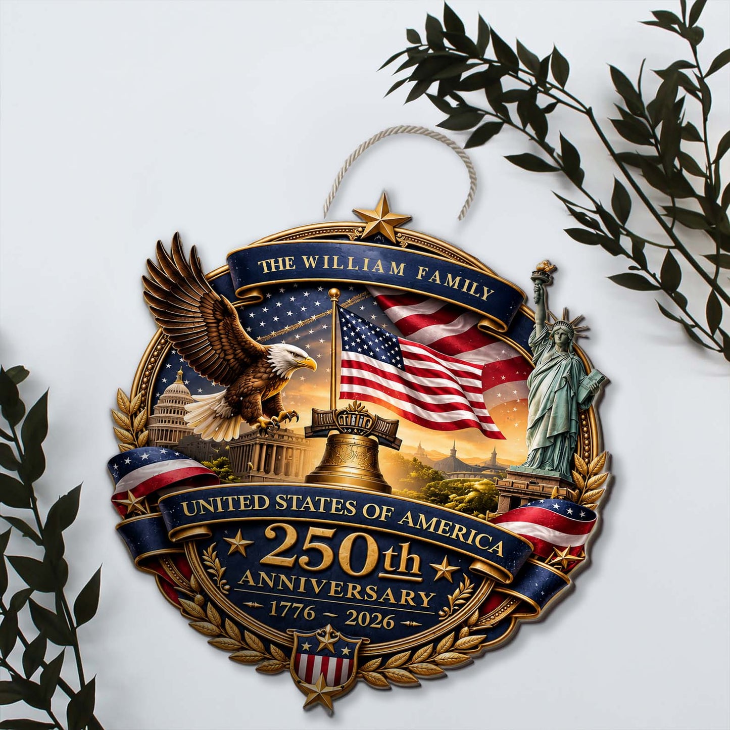 Personalized Family Name 250 Years Patriotic USA Wood Sign, American Eagle 1776-2026 Door Decor 684975