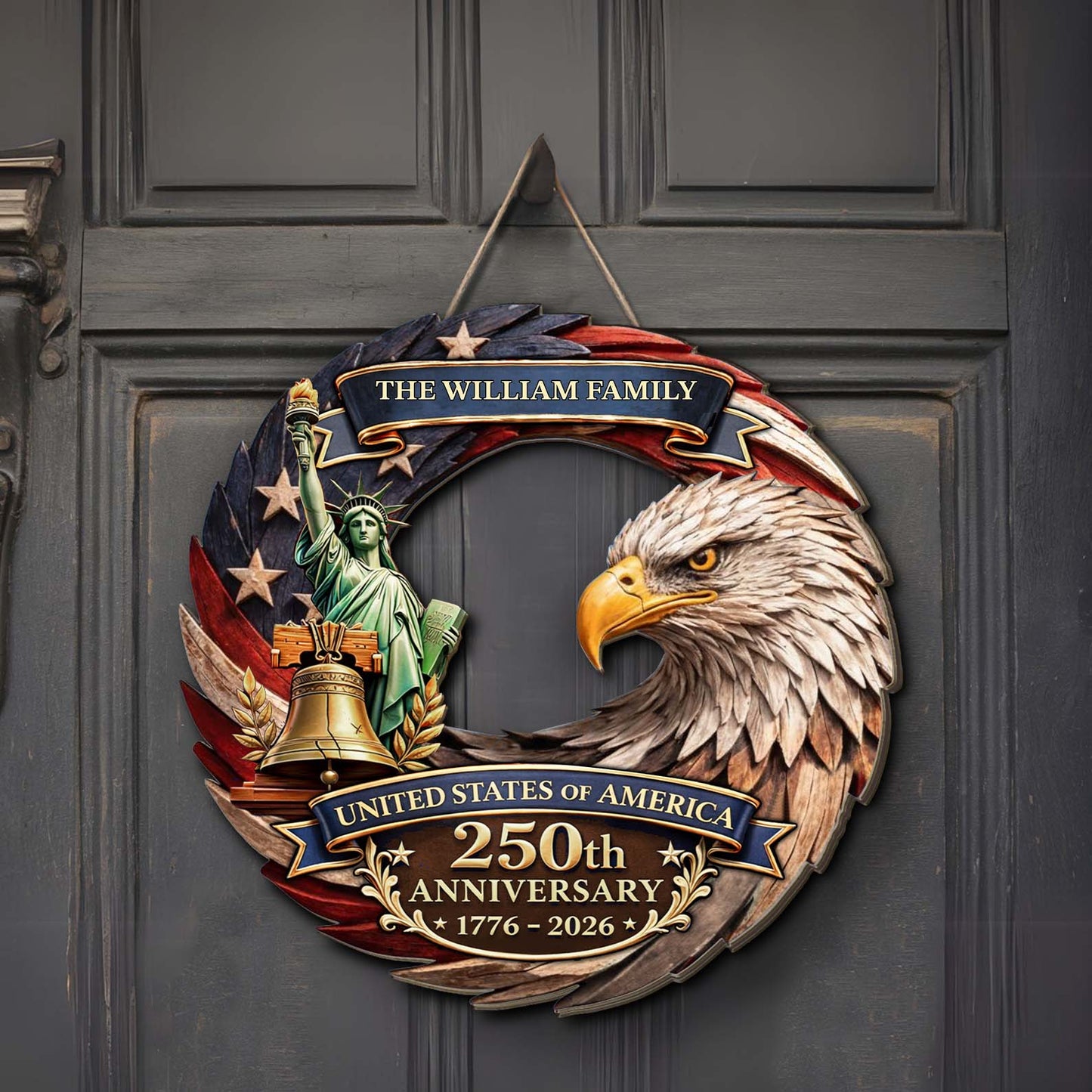 Custom Family Name USA 250 Years Anniversary Wooden Sign | Patriotic Eagle Liberty 1776–2026 Wall Decor 684546