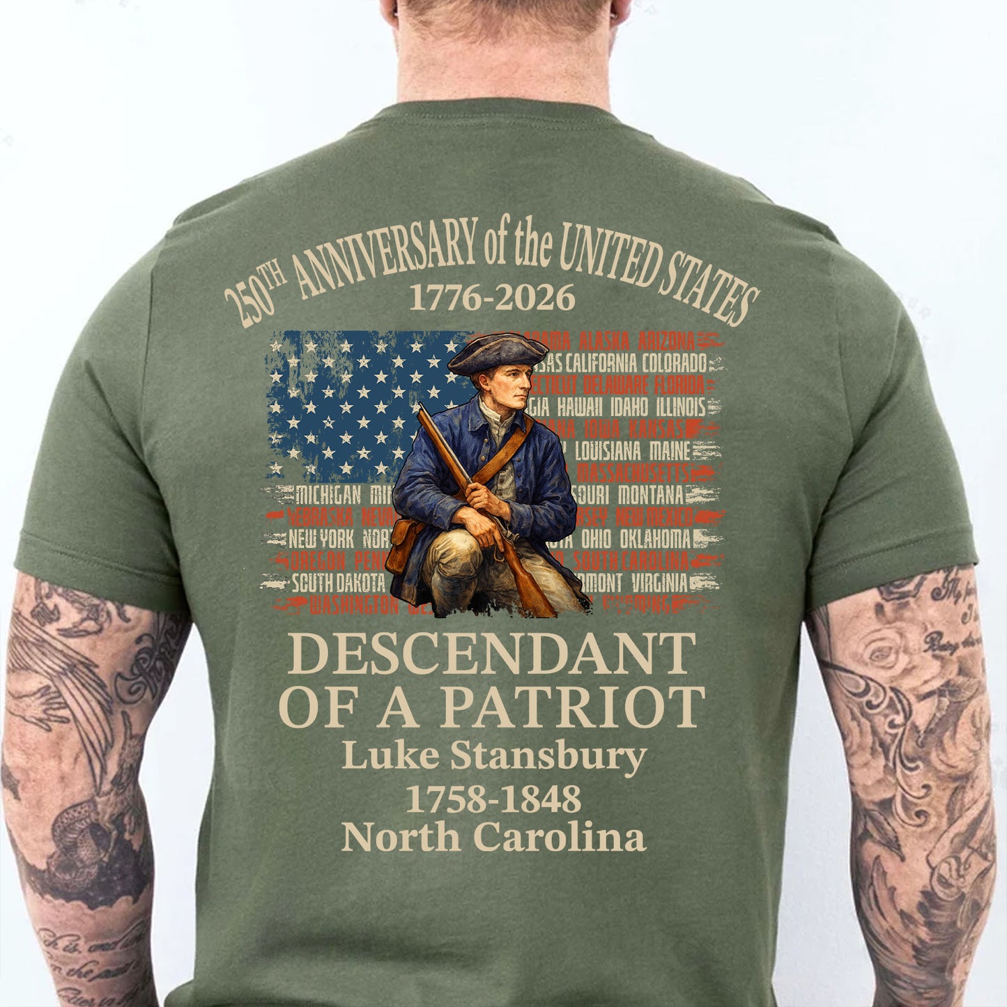Custom Name Descendant of a Patriot Backside Shirt | Personalized 250 Years USA 1776–2026 T-Shirt 684433