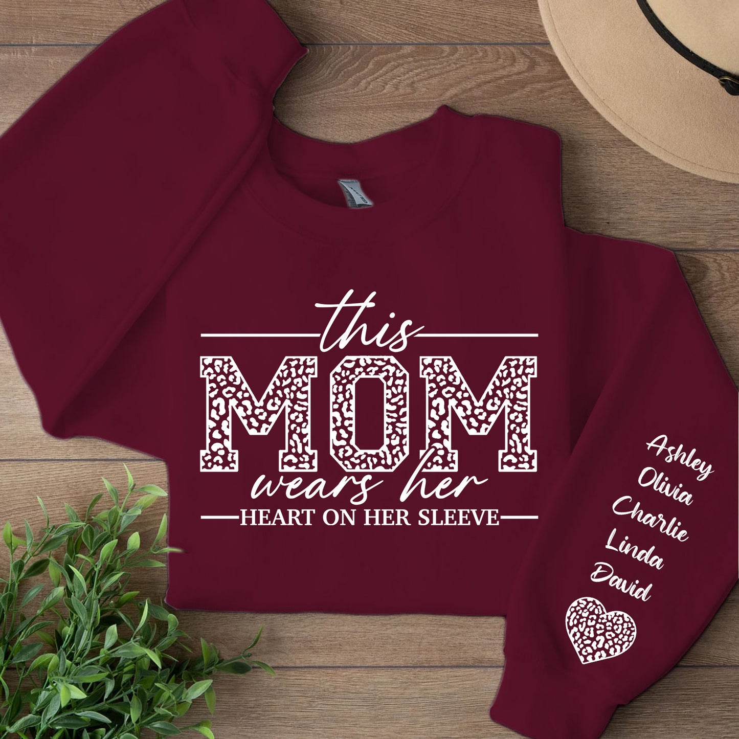 Custom Sweatshirt with Kids’ Names on Sleeve, I Wear My Heart on My Sleeve Personalized Name Sweater, Front & Left Sleeve Print 683983