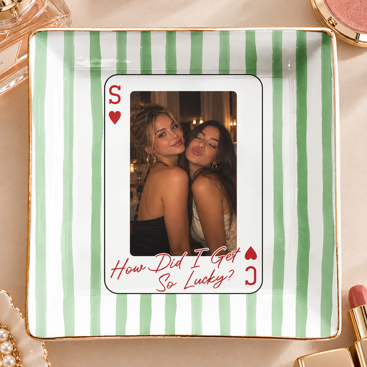 Personalized Playing Card Jewelry Dish, Custom Photo How Lucky We Are Best Friend Trinket Tray, Bestie Gift 686529 WFD