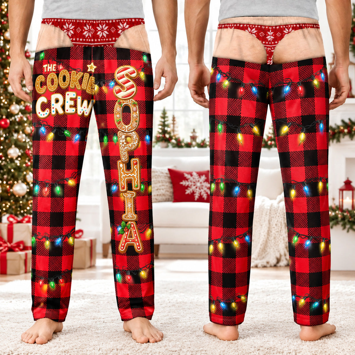 Funny Christmas Pajama Pants for Men, Custom Name Cookie Crew Plaid Fake Underwear Lounge Pants 686636 WFD